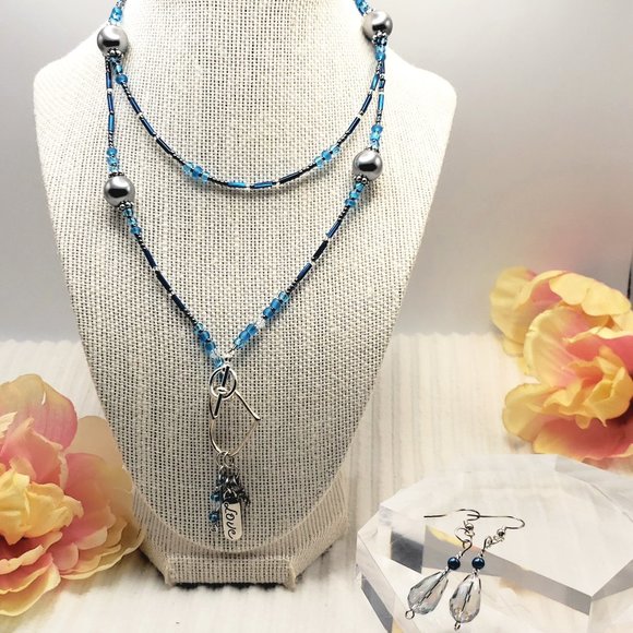 Dark Blue Hematite & Heart Charm Dangle Boho Wrap Bracelet/Necklace Earrings Set - Picture 11 of 17